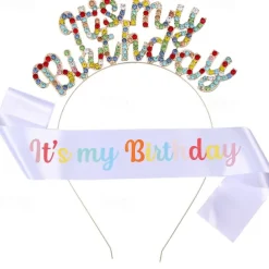 Birthday Party Fashionable Birthday Decorations 2-Piece Set for Girls and Women Headband and Sash with 'It's My Birthday' Available in Multiple Color Combo