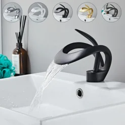 Black Bathroom Sink Mixer Faucet Waterfall Spout, Brass Basin Taps Single Handle One Hole Vessel Bathroom Tap with Hot and Cold Switch Golden Grey Chrome