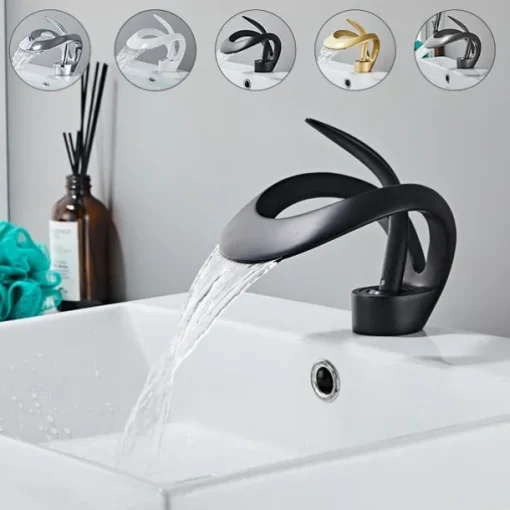 Black Bathroom Sink Mixer Faucet Waterfall Spout, Brass Basin Taps Single Handle One Hole Vessel Bathroom Tap with Hot and Cold Switch Golden Grey Chrome