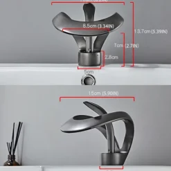 Black Bathroom Sink Mixer Faucet Waterfall Spout, Brass Basin Taps Single Handle One Hole Vessel Bathroom Tap with Hot and Cold Switch Golden Grey Chrome