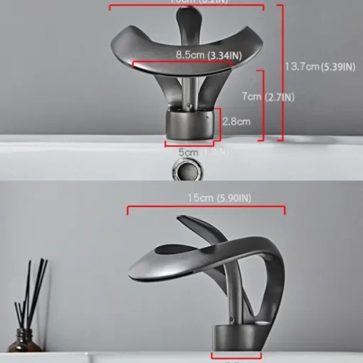 Black Bathroom Sink Mixer Faucet Waterfall Spout, Brass Basin Taps Single Handle One Hole Vessel Bathroom Tap with Hot and Cold Switch Golden Grey Chrome