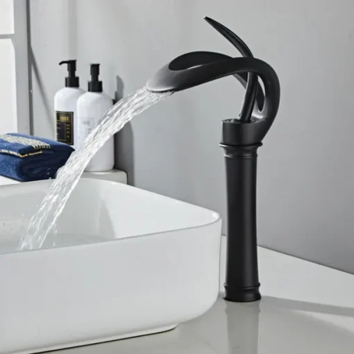 Black Bathroom Sink Mixer Faucet Waterfall Spout, Brass Basin Taps Single Handle One Hole Vessel Bathroom Tap with Hot and Cold Switch Golden Grey Chrome