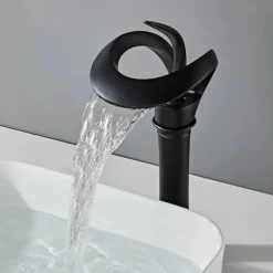 Black Bathroom Sink Mixer Faucet Waterfall Spout, Brass Basin Taps Single Handle One Hole Vessel Bathroom Tap with Hot and Cold Switch Golden Grey Chrome
