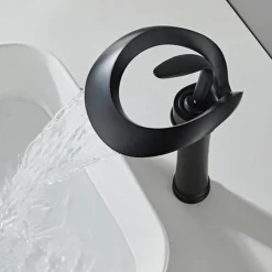 Black Bathroom Sink Mixer Faucet Waterfall Spout, Brass Basin Taps Single Handle One Hole Vessel Bathroom Tap with Hot and Cold Switch Golden Grey Chrome