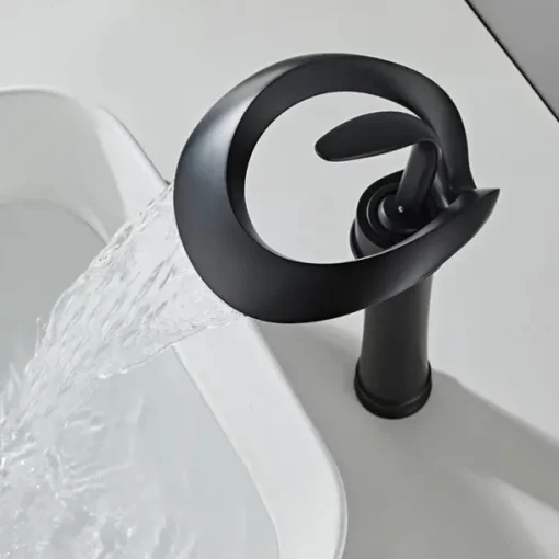 Black Bathroom Sink Mixer Faucet Waterfall Spout, Brass Basin Taps Single Handle One Hole Vessel Bathroom Tap with Hot and Cold Switch Golden Grey Chrome