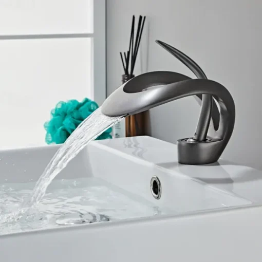 Black Bathroom Sink Mixer Faucet Waterfall Spout, Brass Basin Taps Single Handle One Hole Vessel Bathroom Tap with Hot and Cold Switch Golden Grey Chrome