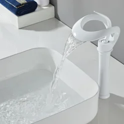 Black Bathroom Sink Mixer Faucet Waterfall Spout, Brass Basin Taps Single Handle One Hole Vessel Bathroom Tap with Hot and Cold Switch Golden Grey Chrome