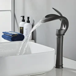 Black Bathroom Sink Mixer Faucet Waterfall Spout, Brass Basin Taps Single Handle One Hole Vessel Bathroom Tap with Hot and Cold Switch Golden Grey Chrome
