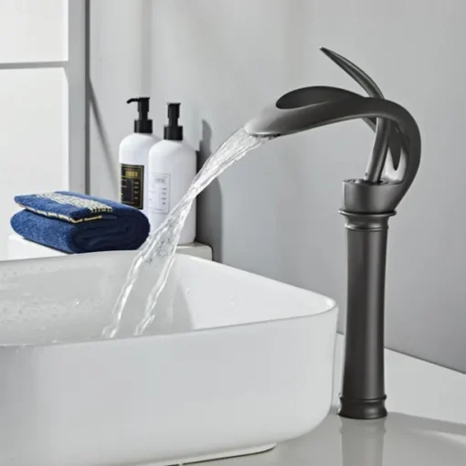 Black Bathroom Sink Mixer Faucet Waterfall Spout, Brass Basin Taps Single Handle One Hole Vessel Bathroom Tap with Hot and Cold Switch Golden Grey Chrome