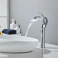 Black Bathroom Sink Mixer Faucet Waterfall Spout, Brass Basin Taps Single Handle One Hole Vessel Bathroom Tap with Hot and Cold Switch Golden Grey Chrome