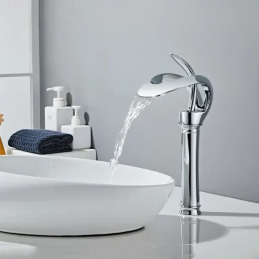 Black Bathroom Sink Mixer Faucet Waterfall Spout, Brass Basin Taps Single Handle One Hole Vessel Bathroom Tap with Hot and Cold Switch Golden Grey Chrome