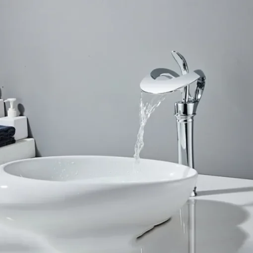 Black Bathroom Sink Mixer Faucet Waterfall Spout, Brass Basin Taps Single Handle One Hole Vessel Bathroom Tap with Hot and Cold Switch Golden Grey Chrome
