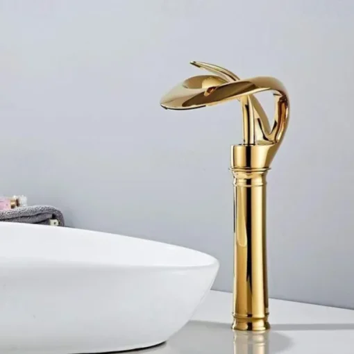 Black Bathroom Sink Mixer Faucet Waterfall Spout, Brass Basin Taps Single Handle One Hole Vessel Bathroom Tap with Hot and Cold Switch Golden Grey Chrome