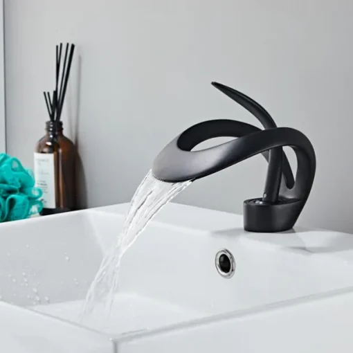 Black Bathroom Sink Mixer Faucet Waterfall Spout, Brass Basin Taps Single Handle One Hole Vessel Bathroom Tap with Hot and Cold Switch Golden Grey Chrome