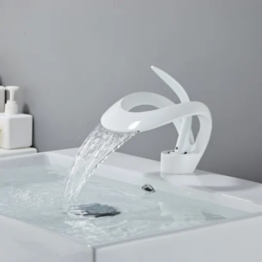 Black Bathroom Sink Mixer Faucet Waterfall Spout, Brass Basin Taps Single Handle One Hole Vessel Bathroom Tap with Hot and Cold Switch Golden Grey Chrome