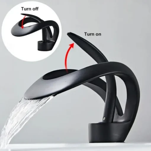 Black Bathroom Sink Mixer Faucet Waterfall Spout, Brass Basin Taps Single Handle One Hole Vessel Bathroom Tap with Hot and Cold Switch Golden Grey Chrome