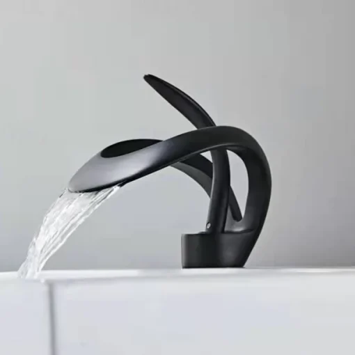 Black Bathroom Sink Mixer Faucet Waterfall Spout, Brass Basin Taps Single Handle One Hole Vessel Bathroom Tap with Hot and Cold Switch Golden Grey Chrome