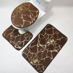 Black Marble Bath Mat Non-slip Bathroom Rugs Sets 3 Piece with Non-Slip Rug, Toilet Lid Cover and Bath Mat, Gold Bathroom Rugs and Mats Sets