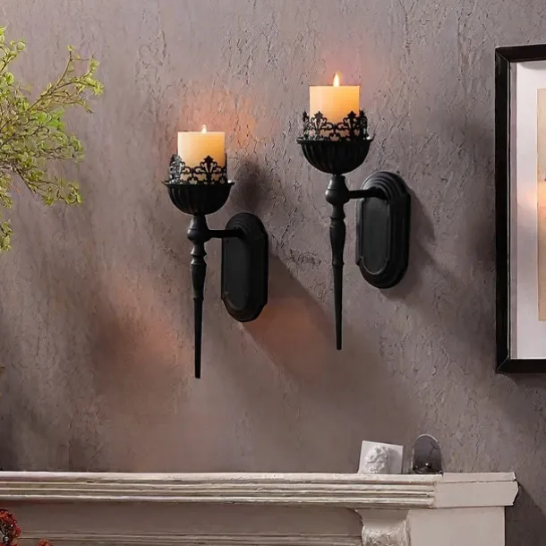 Black Vintage Candlesticks, Black Crown And Scepter Design Wall-Mounted, Perfect Decoration for Living Room, Courtyard, Bedroom, Staircase, Christmas, Halloween, Valentine's Day Gift 1PCS