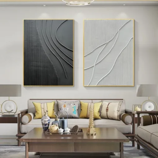 Black White Modern Minimalist Wall Art Modern Minimalist Art Black 3D Texture Painting Abstract Painting Home Wall Decor Stretched Frame Ready to Hang