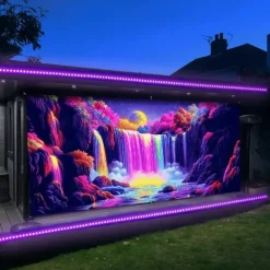 Blacklight Door Decorations Garage Door Cover Glow in the Dark Landscape Waterfall Outdoor Banner Large Backdrop for Party Outdoor Garage Door Home Wall Decorations