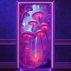Blacklight Door Decorations Door Covers Glow in the Dark Mushroom Door Tapestry Door Curtain Decoration Backdrop Indoor/Outdoor Door Banner for Front Door Farmhouse