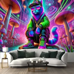 Blacklight Tapestry Glow in the Dark Glow Party UV Reactive Street Cat Trippy Misty Nature Landscape Hanging Tapestry Wall Art Mural for Living Room Bedroom