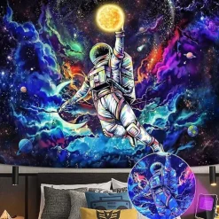 Blacklight Tapestry Glow in the Dark Glow Party UV Reactive Planet Universe Astronaut Trippy Misty Nature Landscape Hanging Tapestry Wall Art Mural for Living Room Bedroom