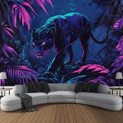 Blacklight Tapestry Glow in the Dark Glow Party UV Reactive Forest Animal Leopard Trippy Misty Nature Landscape Hanging Tapestry Wall Art Mural for Living Room Bedroom