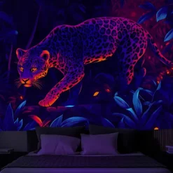 Blacklight Tapestry Glow in the Dark Glow Party UV Reactive Forest Animal Leopard Trippy Misty Nature Landscape Hanging Tapestry Wall Art Mural for Living Room Bedroom