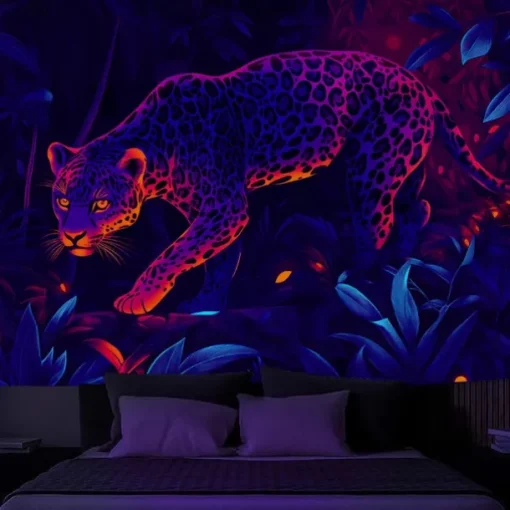 Blacklight Tapestry Glow in the Dark Glow Party UV Reactive Forest Animal Leopard Trippy Misty Nature Landscape Hanging Tapestry Wall Art Mural for Living Room Bedroom