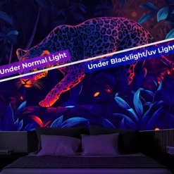 Blacklight Tapestry Glow in the Dark Glow Party UV Reactive Forest Animal Leopard Trippy Misty Nature Landscape Hanging Tapestry Wall Art Mural for Living Room Bedroom