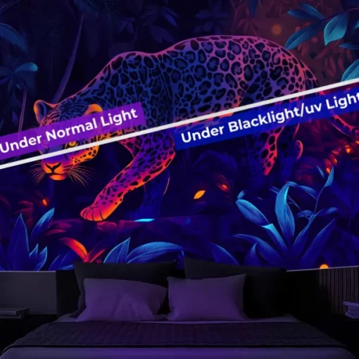 Blacklight Tapestry Glow in the Dark Glow Party UV Reactive Forest Animal Leopard Trippy Misty Nature Landscape Hanging Tapestry Wall Art Mural for Living Room Bedroom