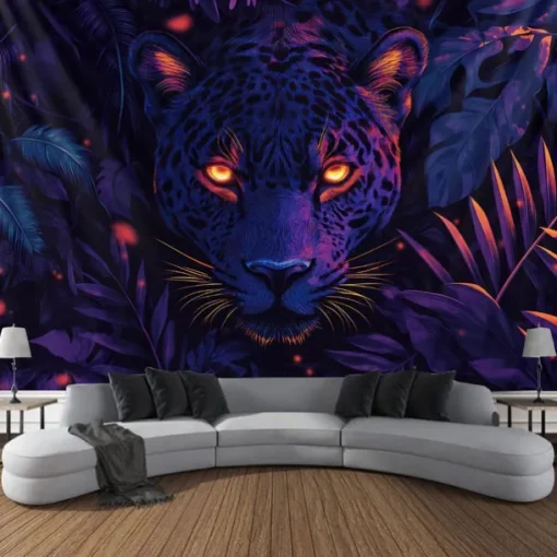 Blacklight Tapestry Glow in the Dark Glow Party UV Reactive Forest Animal Leopard Trippy Misty Nature Landscape Hanging Tapestry Wall Art Mural for Living Room Bedroom