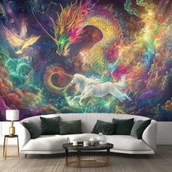 Blacklight Tapestry Glow in the Dark Glow Party UV Reactive Dragon Phenix Trippy Misty Galaxy Nature Landscape Hanging Tapestry Wall Art Mural for Living Room Bedroom