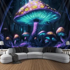 Blacklight Tapestry Glow in the Dark Glow Party UV Reactive Trippy Misty Mushrooms Nature Landscape Hanging Tapestry Wall Art Mural for Living Room Bedroom