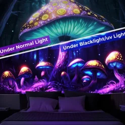 Blacklight Tapestry Glow in the Dark Glow Party UV Reactive Trippy Misty Mushrooms Nature Landscape Hanging Tapestry Wall Art Mural for Living Room Bedroom