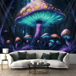 Blacklight Tapestry Glow in the Dark Glow Party UV Reactive Trippy Misty Mushrooms Nature Landscape Hanging Tapestry Wall Art Mural for Living Room Bedroom