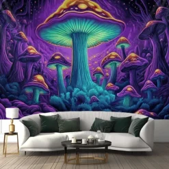 Blacklight Tapestry Glow in the Dark Glow Party UV Reactive Trippy Misty Mushrooms Nature Landscape Hanging Tapestry Wall Art Mural for Living Room Bedroom