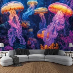 Blacklight Tapestry Glow in the Dark Glow Party UV Reactive Jellyfish Trippy Misty Nature Landscape Hanging Tapestry Wall Art Mural for Living Room Bedroom
