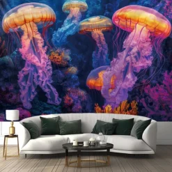 Blacklight Tapestry Glow in the Dark Glow Party UV Reactive Jellyfish Trippy Misty Nature Landscape Hanging Tapestry Wall Art Mural for Living Room Bedroom