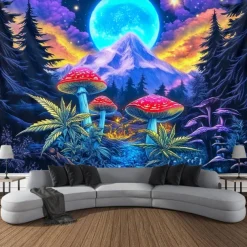Blacklight Tapestry Glow in the Dark Glow Party UV Reactive Trippy Misty Mushrooms Mountain Nature Landscape Hanging Tapestry Wall Art Mural for Living Room Bedroom