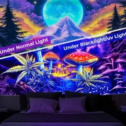 Blacklight Tapestry Glow in the Dark Glow Party UV Reactive Trippy Misty Mushrooms Mountain Nature Landscape Hanging Tapestry Wall Art Mural for Living Room Bedroom