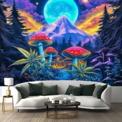 Blacklight Tapestry Glow in the Dark Glow Party UV Reactive Trippy Misty Mushrooms Mountain Nature Landscape Hanging Tapestry Wall Art Mural for Living Room Bedroom