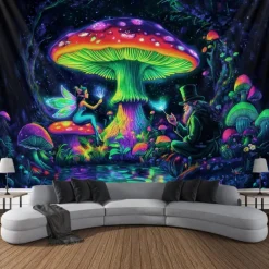 Blacklight Tapestry Glow in the Dark Glow Party UV Reactive Trippy Misty Mushrooms Mountain Nature Landscape Hanging Tapestry Wall Art Mural for Living Room Bedroom