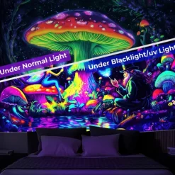 Blacklight Tapestry Glow in the Dark Glow Party UV Reactive Trippy Misty Mushrooms Mountain Nature Landscape Hanging Tapestry Wall Art Mural for Living Room Bedroom