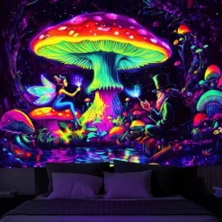 Blacklight Tapestry Glow in the Dark Glow Party UV Reactive Trippy Misty Mushrooms Mountain Nature Landscape Hanging Tapestry Wall Art Mural for Living Room Bedroom