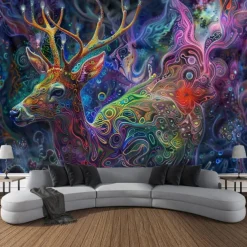 Blacklight Tapestry UV Reactive Glow in the Dark Glow Party Neon Deer Animals Psychedelic Trippy Misty Hanging Tapestry Wall Art Mural for Living