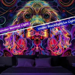 Blacklight Tapestry UV Reactive Glow in the Dark Glow Party Neon Deer Animals Psychedelic Trippy Misty Hanging Tapestry Wall Art Mural for Living
