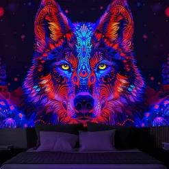 Blacklight Tapestry UV Reactive Glow in the Dark Glow Party Neon Deer Animals Psychedelic Trippy Misty Hanging Tapestry Wall Art Mural for Living